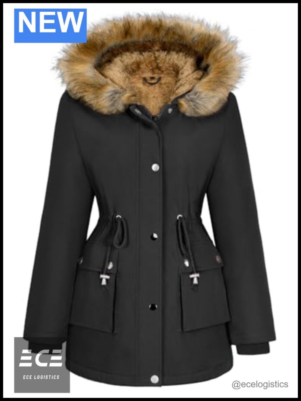 Women Winter Fleece Lined Parka Jacket Faux Fur Hood